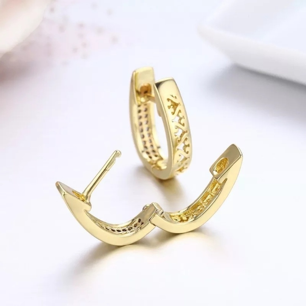 Simple Gold and Cubic Zirconia Pave Huggie Hoops